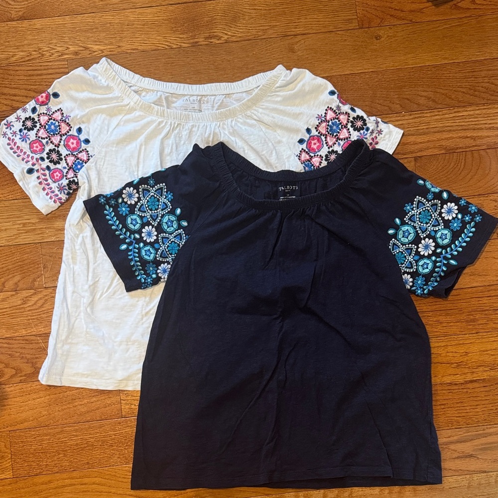 Talbots Embroidered Short Sleeve Tops - White & Navy